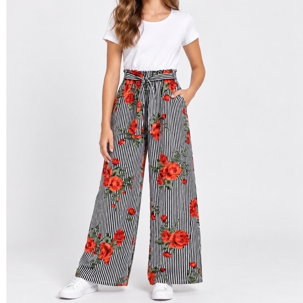 Insta Girl Girls Floral Striped Wide Leg Jumpsuit White Black Red Size L 14-16